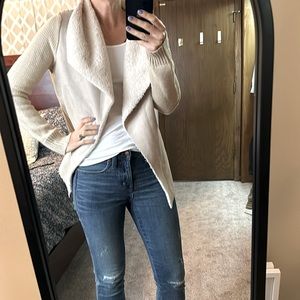 Sherpa, faux leather, sweater. Cream/light beige